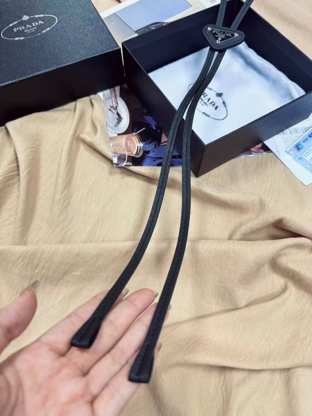 New PRADA Saffiano Leather Bolo Tie🖤 Black | Triangle Logo | Gift Box ✨ - Picture 7 of 8